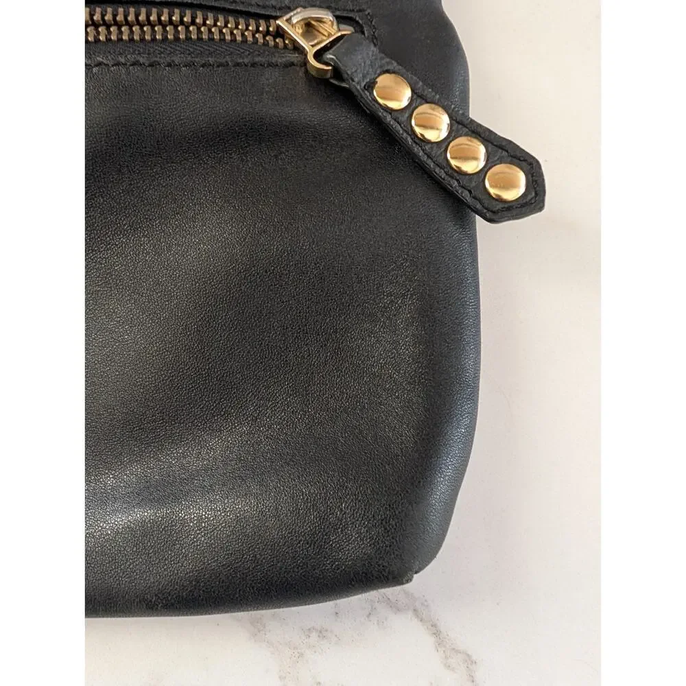 Besso Black Leather Clutch Gold Studded Buckle Fold Over Bag 10.5x6 Grunge...